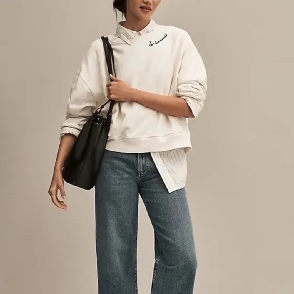 Pilcro Anthropologie White Embroidered Oversized Crew Neck Sweater - Size XL - Picture 1 of 9